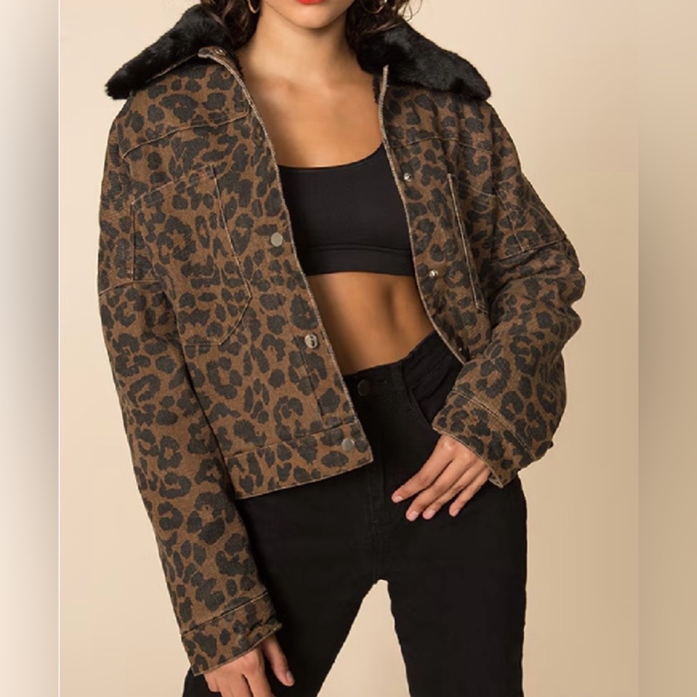 superdown Brown Leopard Print Jean Jacket with Bl… - image 1